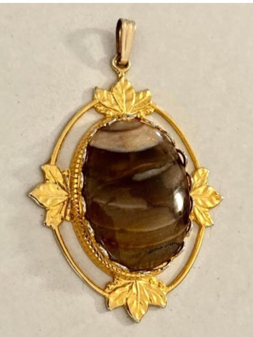 Vintage Tiger’s Eye Pendant 12K Gold Filled Leaf Design